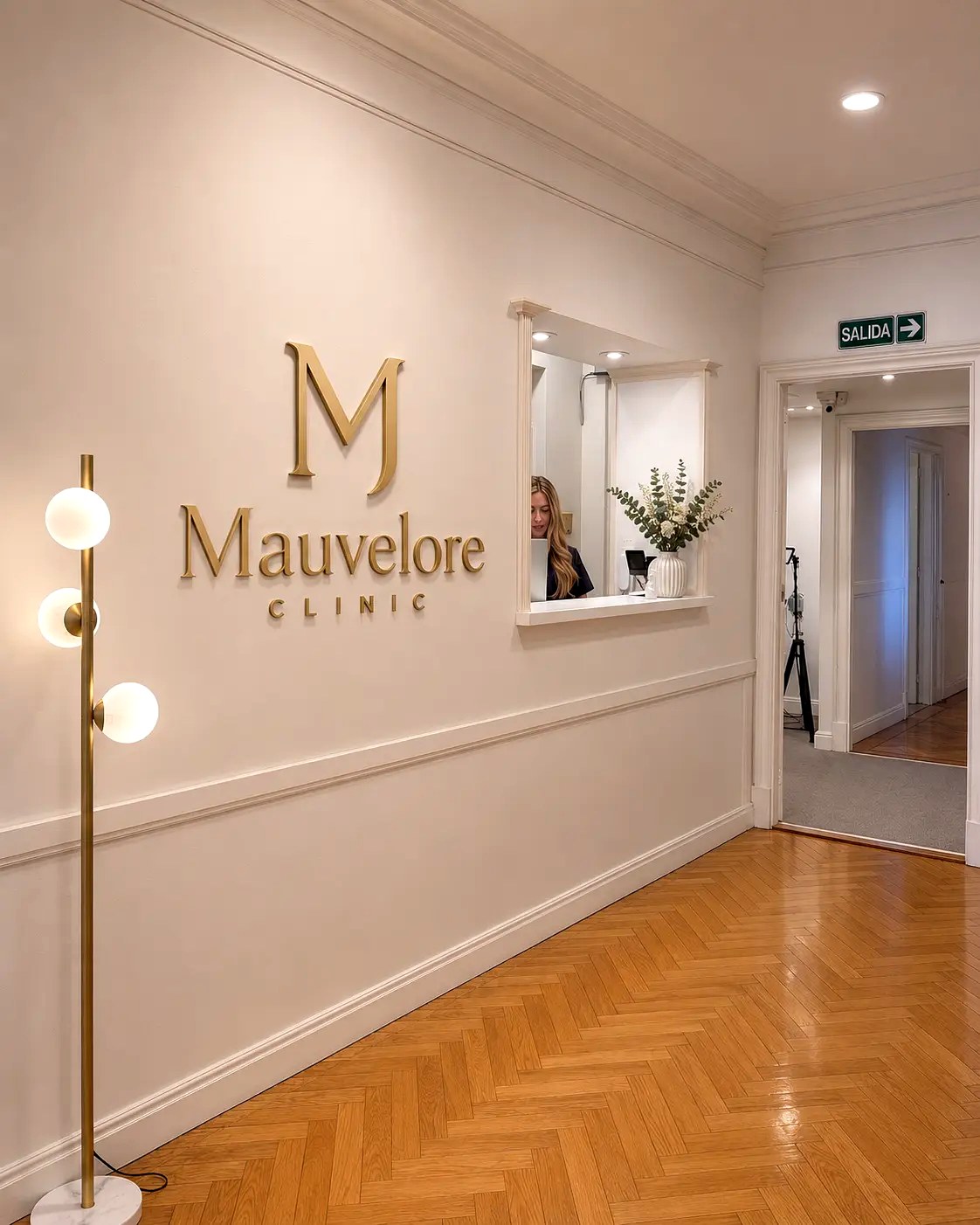 Recepción de Mauvelore Clinic con el isotipo M en dorado