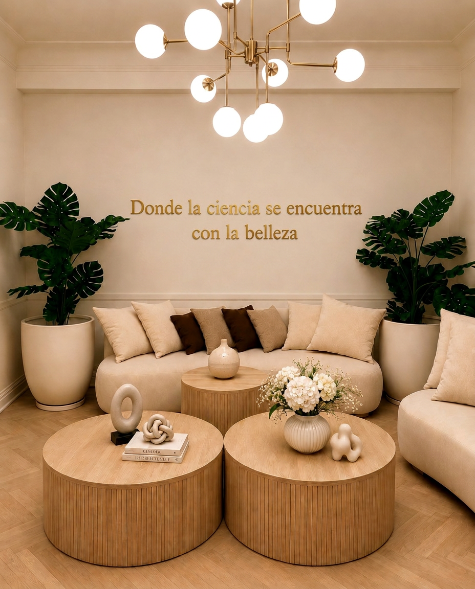 Sala de espera con sofás curvos color crema en Mauvelore Clinic