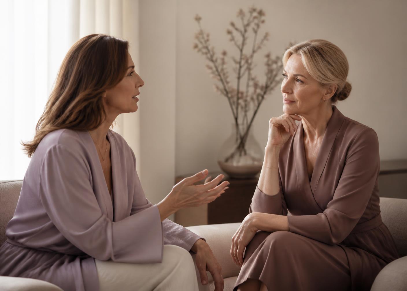 Conversación atenta entre dos mujeres adultas