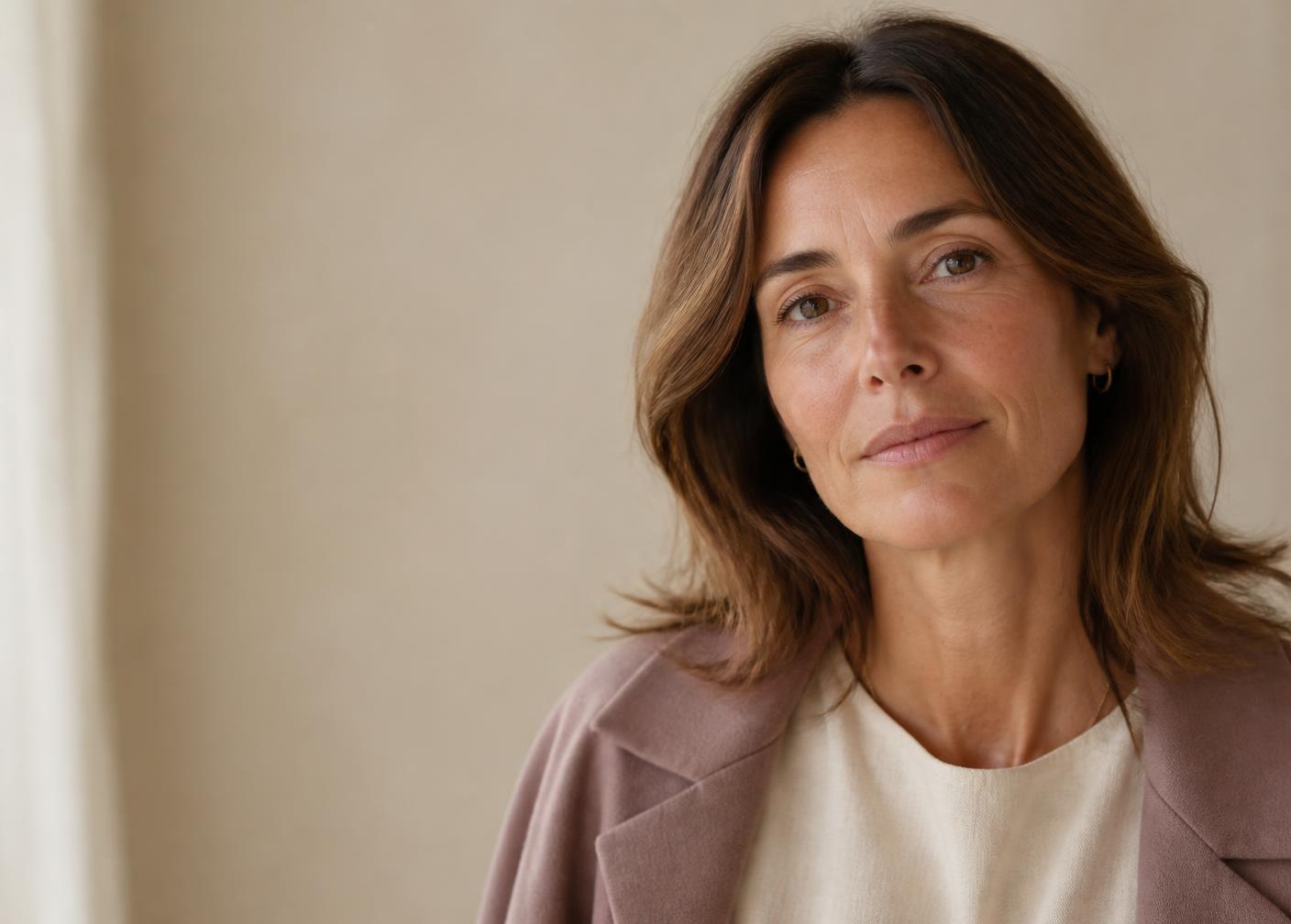Mujer adulta con expresión natural y piel real